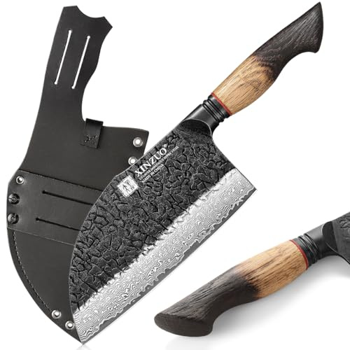 XINZUO Cuchillo de Carnicero 18,5cm Acero de Damasco Cuchillo de Cocina Chino-Profesional Hachas de Cocina de Cocinero Forjado a Mano para el Hogar,Cocina al Aire Libre,Camping-Mango de Roble Blanco