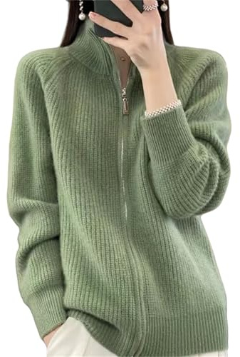 BeerMmay Maglione cardigan da donna in lana lavorato a maglia, dolcevita con cerniera, 100% lana merino, collo alto con cerniera completa, manica lunga calda e spessa, Verde, M