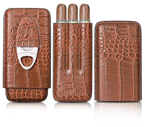 Volenx Custodia per sigari, 3 tubetti Humidor con tagliarigari, portatile da viaggio Humidor sigari in pelle di coccodrillo