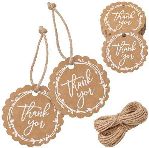 Nogeqi 100 Pcs Thank You Gift Tags with String for Presents, Brown Thank You Tags with String for Wedding Birthday Party Favors, Baby Shower, Bridal Shower, 4.5 x 4.5 cm