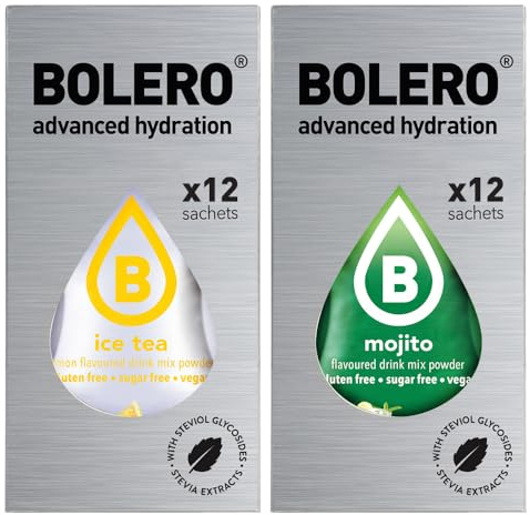 SET 24 BOLERO bustine da 3 grammi 12 ice tea lemon limone + 12 Mojito Preparato istantaneo per Bevande con Stevia e Vitamina C e Senza Zucchero
