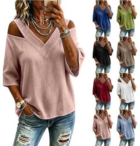 Chemise Lin Femme Chemisier Chic Manche 3/4 Chemise De Plage Femme Denudee épaules Décontracté Blouse Femmes Legere Tee Shirt Col V ete Haut Nouveaute 2026 Vetement Vacances à la Plage