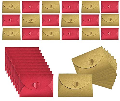 JOYISEN 50 Stück Kraftpapier Umschläge Mini Rote und Goldene Herz Briefumschläge für Geschenkkarten zum Valentinstag Weihnachten Einladungen