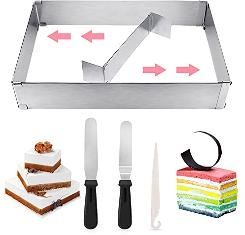 Yuragim Backrahmen Rechteckig Verstellbar, Edelstahl Backform Rechteckig Tortenring mit Teiler und Spatel, Kuchenform Eckig für Backen,Torten-Zubereitung, Hochzeit Oster Geburtstag Party BackenZubehör