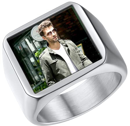 U7 Herren Ring mit Foto Personalisierter Quadrat Siegelring mit Gravur Männer Fotoringe mit Bild Edelstahl Ringe Herren Fingerring Gravur Bandring Memorial Statement Ring Modeschmuck für Vater