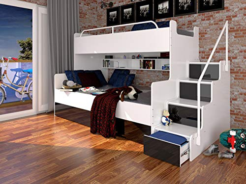 Marlux-Meble Hochbett Kinderbett JSM-3 mit Treppe 80x190 + 120x190 Hochglanz Kinderbetten Funktionsbett Etagenbett Stockbett Kinderhochbett Jugendhochbett (Schwarz Glanz)