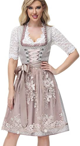 TrendiMax Trachten Damen Dirndl Midi Dirndlkleid Tachtenkleid für Oktoberfest mit Spitzenschürze, Altrosa,38
