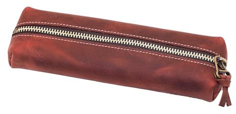 BAWAKO Federmäppchen aus hochwertigem Leder - Wunderschönes handgefertigtes Etui mit Reißverschluss - Elegante Federtasche für Erwachsene und Studenten, Kosmetiktasche,Schminktasche (Rot, H5)