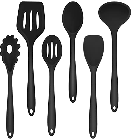Herogo Set di 6 utensili da cucina in silicone, set di utensili da cucina per cottura con cucchiaio, per pentole antiaderenti, antigraffio e resistente al calore, lavabile in lavastoviglie (nero)