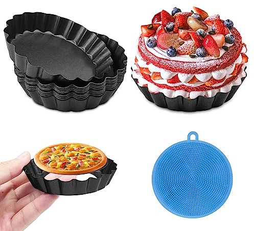 Fousenuk 10 Pezzi Stampo Crostata 10cm, Teglia Crostata in Acciaio al Carbonio con Fondo Amovibile Stampi per Crostatine con Bordo Scanalato, Formine per Crostatine Nero per Quiche, Pasticci