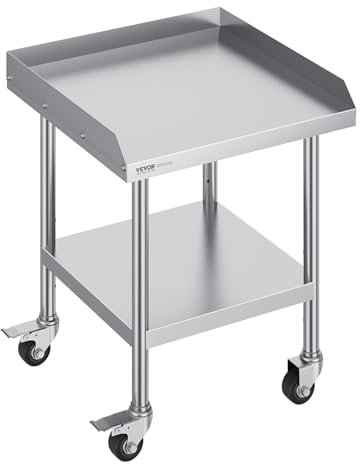 VEVOR Stainless Steel Work Table, 24 x 24 x 30 Inch Commercial Food Prep Worktable with 4 Wheels, Casters, 3-Sided Backsplash Heavy Duty Prep Worktable, Metal Work Table for Restaurant Home Hotel