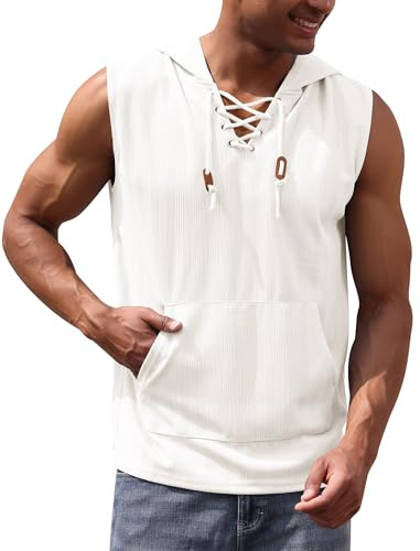 OBEEII Mens Vests Summer Tank Tops Hooded Gym Shirt Sleeveless Hoodies Athletic Running Holiday Beach T-Shirt White L