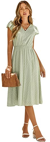 HEYPORK Damen Frühling Sommer Bequem Lässig Kleider Mode Elegant Röcke Frauen Beiläufige Feste Farbe V-Ausschnitt Taille Abnehmender Frischer Stil Kleid(A Hellgrün, L)