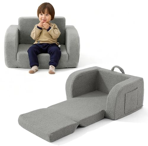 MuaMelop Toddler Couch, 2-in-1 Toddler Chairs Comfy 1-3 Years Old, Toddler Chair for Girls and Boys, Kids Couch Bed Fold Out, Convertible Baby Sofa to Lounge Chair for Playing, Reading, Napping, Grey