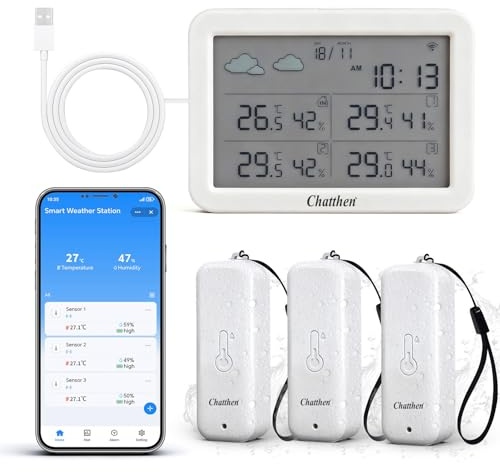 Chatthen Stazione Meteo con Sensore Esterno, Stazione Meteo Wifi 1 Schermo e 3 Sensori Esterni, Termometro Ambiente Interno Esterno con Data e Previsione Meteo, Compatibile con Alexa