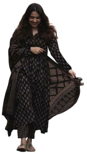 ANNI Designer Women's Rayon Viscose Anarkali Kurta Set with Pant and Dupatta | Stylish Long Kurti Dress for Festive, Party, and Ethnic Wear, Black, L