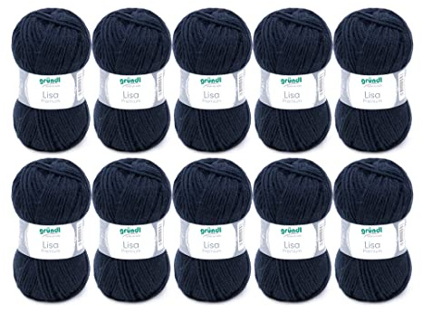 Gründl Lana Lisa Premium uni Hilo de tejer 100% poliacrílico, Hilo para tejer/ganchillo 50 g / 133 m, 10 bolas, Tamaño de la aguja 3,5-4,5; azul marino