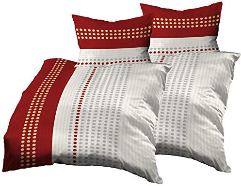 Gerald Wittmann 4 Pezzi Set Copripiumino Seersucker, 100% Cotone, Biancheria da Letto Singolo, Talpe y Strisce, Rosso Giallo Bianco Grigio, 2X 140x200 cm + 2X 70x90 cm
