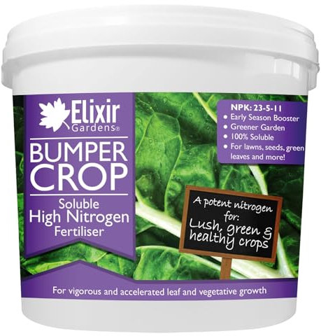 Elixir Gardens Bumper Crop High Nitrogen Fertiliser | N.P.K: 4-1-2 | From 1kg to 20kg, Perfect for Brassicas, Leafy Plants & Vegetables | 2.5kg Re-Sealable Tub (Makes 2500L of Liquid Feed)