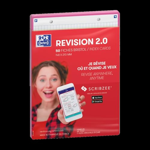 Oxford Révision 2.0-pack med 50 skivkort A5 (14,8 x 21 cm) små rutor på båda sidor – fuchsia ram