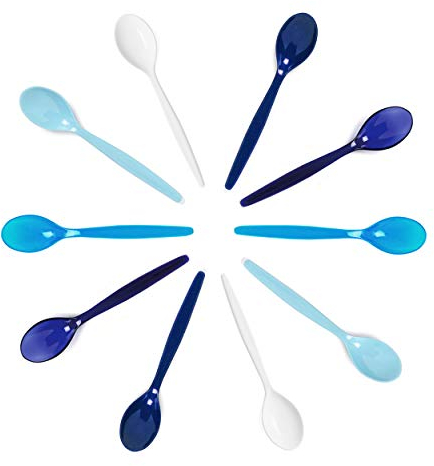Harfield White & Blue Teaspoons Reusable Set of 10 Virtually Unbreakable Polycarbonate Plastic
