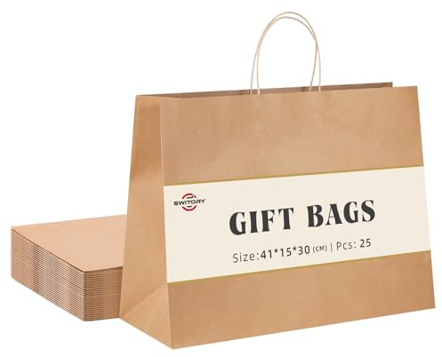 Switory 25 Stk Braun Papiertüten mit Henkel - 41 x 15 x 30 cm Groß Geschenktüten Papiertragetaschen Kraftpapiertüte zum Einkaufen, DIY, Geschäfte, Geburtstag, Party