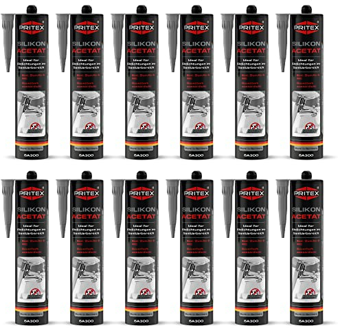 PRITEX – Sanitär Silikon grau 12x 300 ml zum Abdichten & Verfugen – Acetat für Bad, Dusche & WC – wasserdicht, langlebig & schimmelresistent – Fugendichtmasse mit sehr guter Haftung