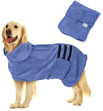 Nobleza Dog Bathrobe XL Dog Drying Coat Dogs Towel Robe Pet Dressing Gown Super Absorbent Pet Bathrobe Puppy Towelling Robe Fast Drying Adjustable Pets Towel for Extra Large Dogs Cat Blue