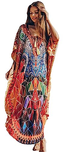 Snyemio Robe de Plage Femme Tunique Caftan Grande Taille Kaftan Bohème Maxi Longue Fluide Eté, Couleur 46, Taille Unique