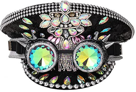 COSDREAMER Herren Steampunk Zylinder Hüte Pailletten Brille Militär Cap Punk Halloween Klassische Armee Militär Cap (Gold 1) (Schwarz)