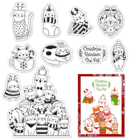 CRASPIRE Sello de Goma Transparente con Diseño de Gato Navideño, Alce, Copo de Nieve, Vacaciones de Invierno, Sellos de Silicona Transparentes Vintage, Sello para Diario de Navidad, Fabricación