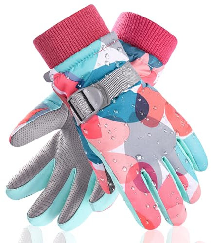 Fosoloni Skihandschuhe Kinder, Thermo Fleece Handschuhe, Handschuhe Kinder Winter, Winterhandschuhe Schneehandschuhe Kinder fahrradhandschuhe (Rosa, M)