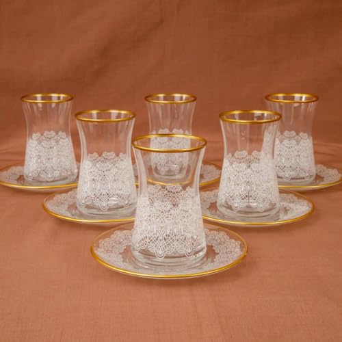ABKAKRISTAL Turkish Tea Glasses and Saucers Set with Gold Rim and Accents, 4 Ounce Cups with 4 Inch Plates, 12 Piece Set Includes 6 Glasses and 6 Saucers,