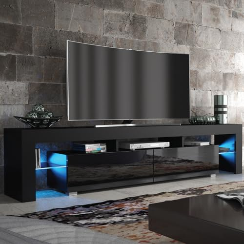 Creative Furniture TV Unit 200cm Black Modern Stand Gloss Doors Free LED