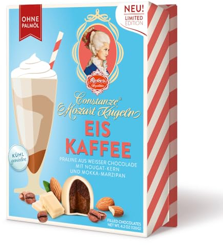 Reber Eiskaffee Constanze Mozart-Kugeln Barock, 6er Packung, Mozart-Kugeln aus Weiße Schokolade mit Mokka Marzipan, Gefüllt mit Pistazien, Marzipan, Mandeln, Haselnuss-Nougat, 120g (6 Mozart-Kugeln)