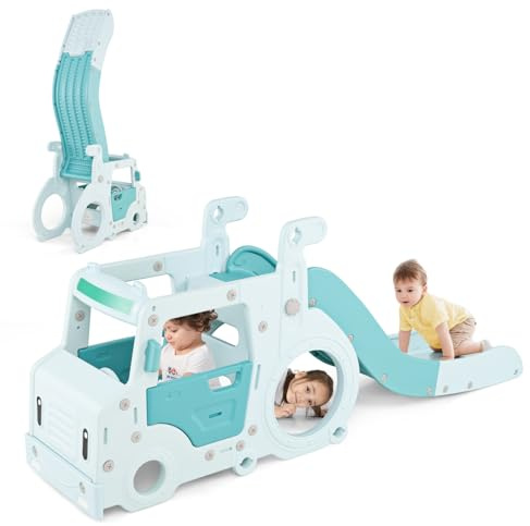COSTWAY Toboganes Infantiles 3 en 1, Tobogán Plegable con Casa de Juguete de Autobús, Pasamanos Elevados y Área de Amortiguamiento, Tobogán Interior para Niño de 18+ Meses