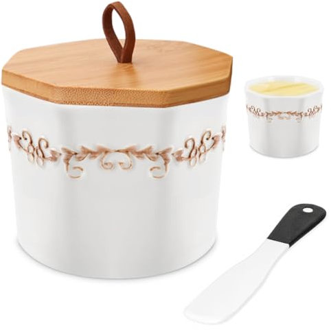 Beurre Français avec couvercle, Pot à Beurre Porcelaine 280ml, Beurre Pot en Céramique avec spatule, Beurre en Porcelaine Cloche à Beurre Français pour Beurre Frais et Facile à Utiliser