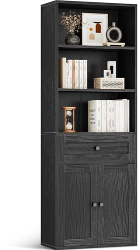 Coleshome 5-Tier Bookcase with Doors and Cabinet, Bookshelf Floor Standing Display Storage Shelf, Tall Bookcase with drawers for Home, Office, Living Room, Bedroom, Black, 48 x 24 x 164.2