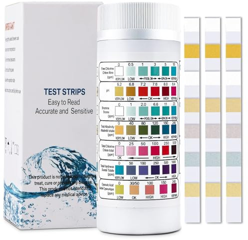 100 Pcs Test Acuario, 7-en-1 Test Agua Acuario, Medidor de PH, Cloro Libre, Nitrito, Dureza, Carbonato, Nitrógeno Amoniacal, Profesional Tiras de Prueba para Piscina, Pecera