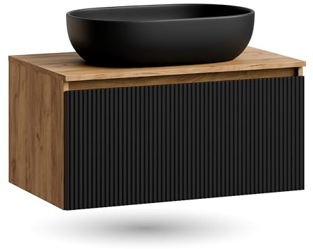 Planetmöbel - Set di mobili da bagno, composto da mobile sottolavabo da 80 cm in oro, rovere nero (con nervature), lavandino da 60 cm nero, incluso sifone salvaspazio