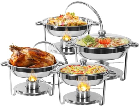 TAIMIKO Chafing Dish - Set di 4 scaldavivande da 4,5 l, in acciaio inox, rotondo, con coperchio in vetro e porta carburante, per ristorante, catering, feste
