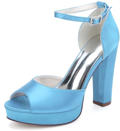 Chaussures De Mariage À Talon Épais pour Femmes Sandales À Talon Bride À La Cheville Et Boucle Bout Ouvert Chaussures pour Fête Ou Bal,Sky Blue,41 EU