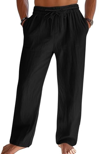Litthing Mens Linen Trousers Cotton Lightweight Summer Trousers Loose Fit | Casual Yoga Pants Elasticated Waist Drawstring, with Side & Back Pockets for Holiday Beach Daily