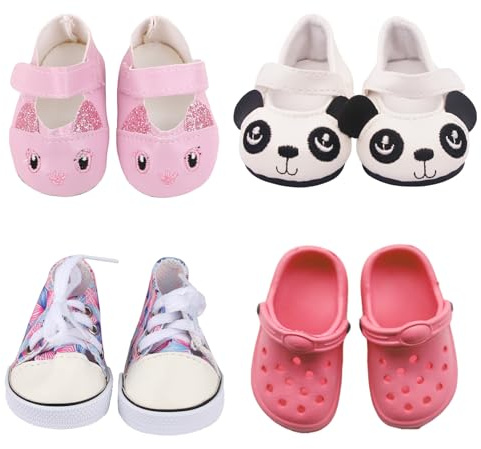 Puppenzubehör Set, 4 Paar Puppenschuhe für 35-45cm Puppen, mit Pailletten Hasen-Schuhe, Pandaschuhe, Canvas Schuhe, Sandalen, Bunte Puppen Schuhe passend zu Puppenkleidung, Geschenk für Mädchen