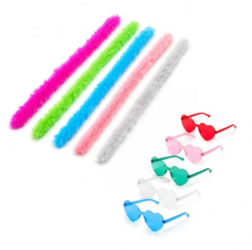 10 Pack Feather Boa Set with Sunglasses - 5 Artificial Fluffy Marabou Boas 4.9ft & 5 Colorful Heart Glasses for Birthday, Bachelorette, Costume Party, Mardi Gras