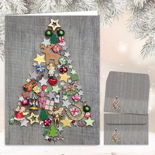 Lot de 10 cartes de Noël pliantes – Avec enveloppes assorties – Motif sapin de Noël coloré