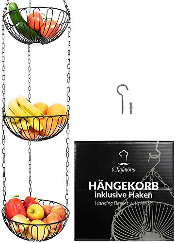 Chefarone Corbeille de fruits suspendue avec crochet au plafond 130CM - Crochet de cuisine pour plus d'espace sur votre plan de travail - Corbeille de fruits cuisine - Noir