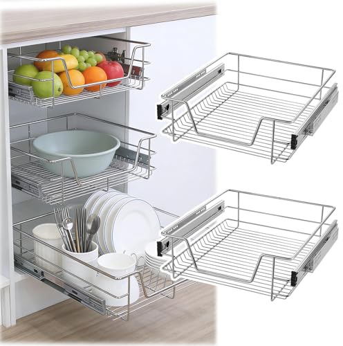 SAILUN Pull Out Wire Basket for 500mm Kitchen Cabinet, 2 Pack Slide Out Storage Drawer Organiser Base Larder, Silver Cabinet Pull-Out Basket for Kitchen, Pantry, Bathroom Cabinets