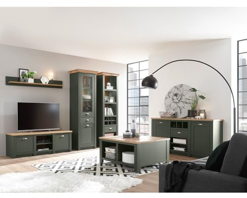 Lomadox Landhaus Anbauwand Wohnwand Komplett Set mit Anrichte & Couchtisch, englisch grün mit Wotan Eiche, mit Beleuchtung