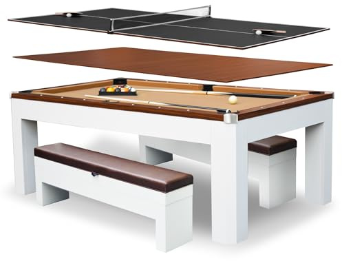 Hathaway Newport II 7 Foot Dining Pool Table Combo with Game Accessories, & 2 Benches – Multifunctional Billiards Table with Ping Pong & Dining Top – White Finish, Walnut Accents, Camel Felt